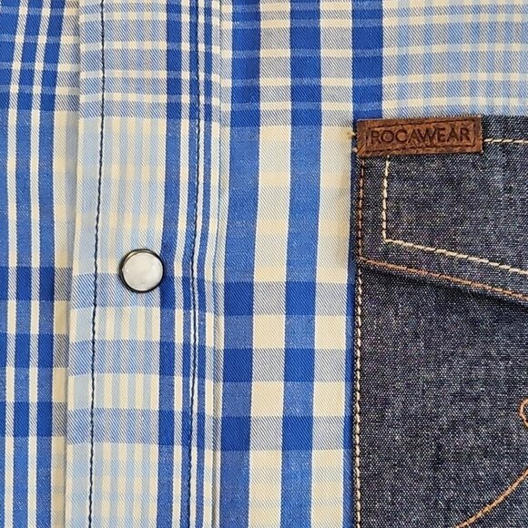 Rocawear Western Shirt Men's XL Blue Plaid Pearl Snap Denim Patches Classic EUC - Picture 2 of 12